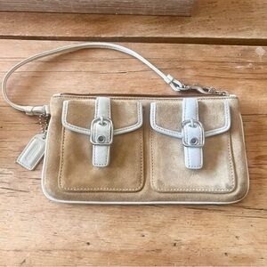 Coach Tan and Cream zipper Wristlet Clutch suede and leather pale blue interior